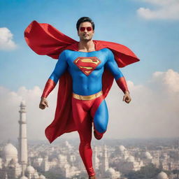 An Indian superhero flying high in the sky. Dressed in vibrant traditional attire with modern modifications, powerful gaze, and showcasing elements like Taj Mahal and Indian flag in the background.