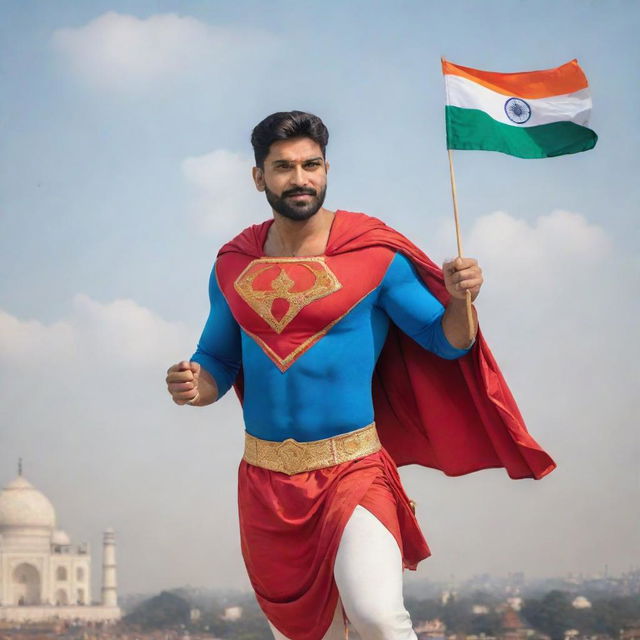 An Indian superhero flying high in the sky. Dressed in vibrant traditional attire with modern modifications, powerful gaze, and showcasing elements like Taj Mahal and Indian flag in the background.