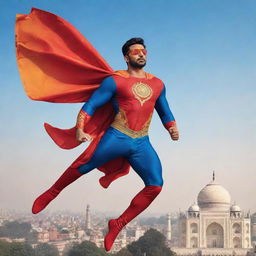 An Indian superhero flying high in the sky. Dressed in vibrant traditional attire with modern modifications, powerful gaze, and showcasing elements like Taj Mahal and Indian flag in the background.