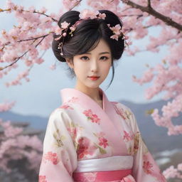 Personified Japan as an anime character. Dressed in an elegant kimono, with cherry blossoms floating around, and controlling elements of technology and serenity.