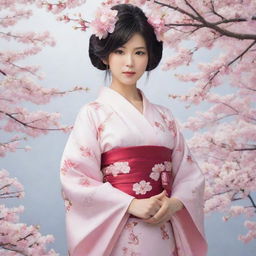 Personified Japan as an anime character. Dressed in an elegant kimono, with cherry blossoms floating around, and controlling elements of technology and serenity.