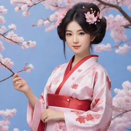 Personified Japan as an anime character. Dressed in an elegant kimono, with cherry blossoms floating around, and controlling elements of technology and serenity.