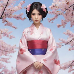 Personified Japan as an anime character. Dressed in an elegant kimono, with cherry blossoms floating around, and controlling elements of technology and serenity.