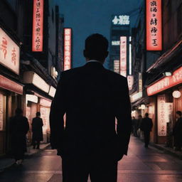 Silhouette of Japan's geography infused with elements of classic Yakuza aesthetics. Dark suits, traditional tattoos, and neon-lit streets nestled within.