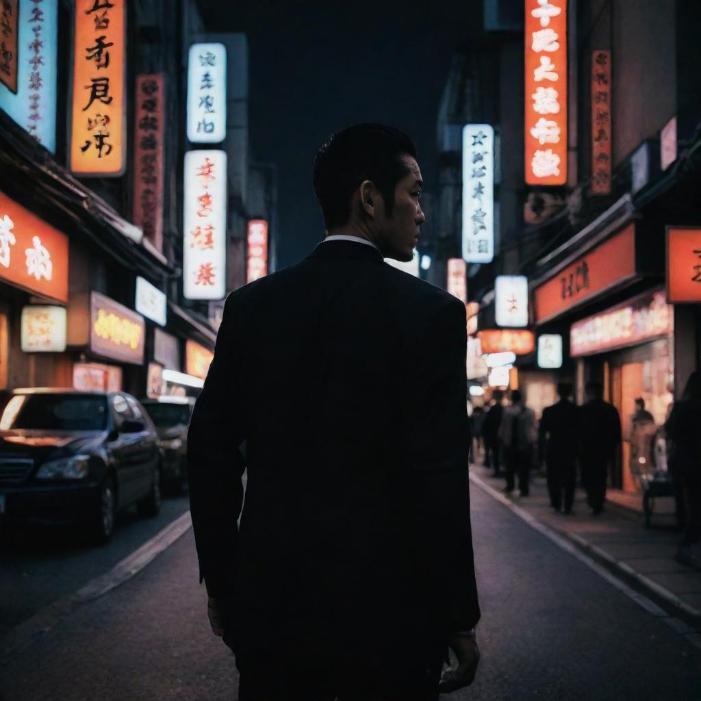 Silhouette of Japan's geography infused with elements of classic Yakuza aesthetics. Dark suits, traditional tattoos, and neon-lit streets nestled within.