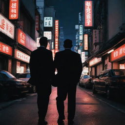 Silhouette of Japan's geography infused with elements of classic Yakuza aesthetics. Dark suits, traditional tattoos, and neon-lit streets nestled within.