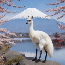 Japan personified as a mystical animal, perhaps a red-crowned crane or a Japanese white fox, amidst a serene Japanese landscape, with cherry blossoms and Mount Fuji in the background.