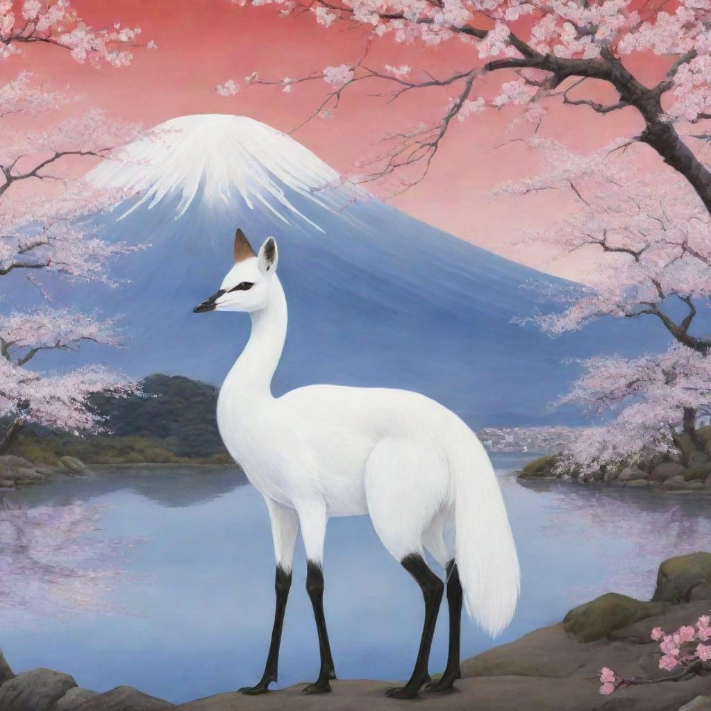 Japan personified as a mystical animal, perhaps a red-crowned crane or a Japanese white fox, amidst a serene Japanese landscape, with cherry blossoms and Mount Fuji in the background.