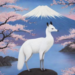 Japan personified as a mystical animal, perhaps a red-crowned crane or a Japanese white fox, amidst a serene Japanese landscape, with cherry blossoms and Mount Fuji in the background.