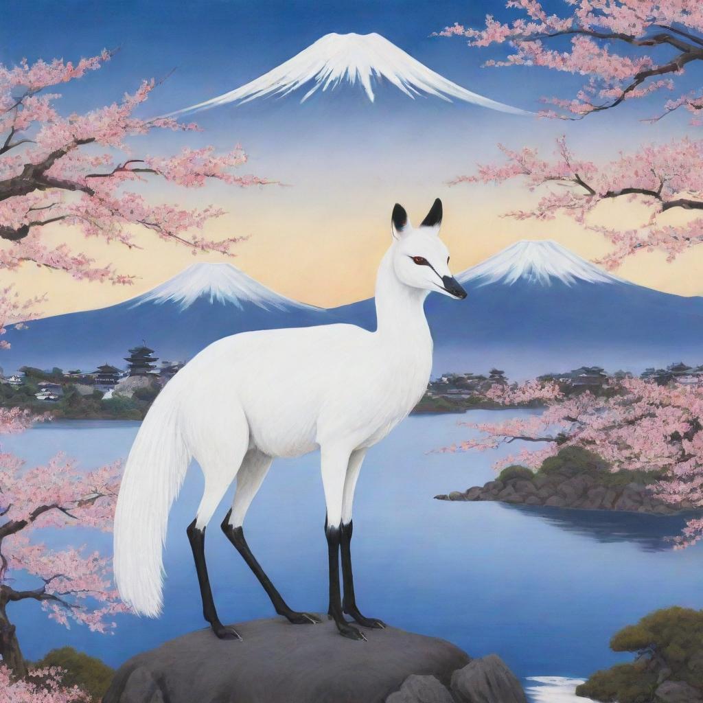 Japan personified as a mystical animal, perhaps a red-crowned crane or a Japanese white fox, amidst a serene Japanese landscape, with cherry blossoms and Mount Fuji in the background.