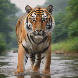 India personified as a majestic Bengal tiger, the national animal, surrounded by diverse elements of Indian landscape including the Himalayas, dense jungles, and River Ganges.