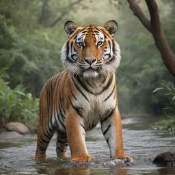 India personified as a majestic Bengal tiger, the national animal, surrounded by diverse elements of Indian landscape including the Himalayas, dense jungles, and River Ganges.