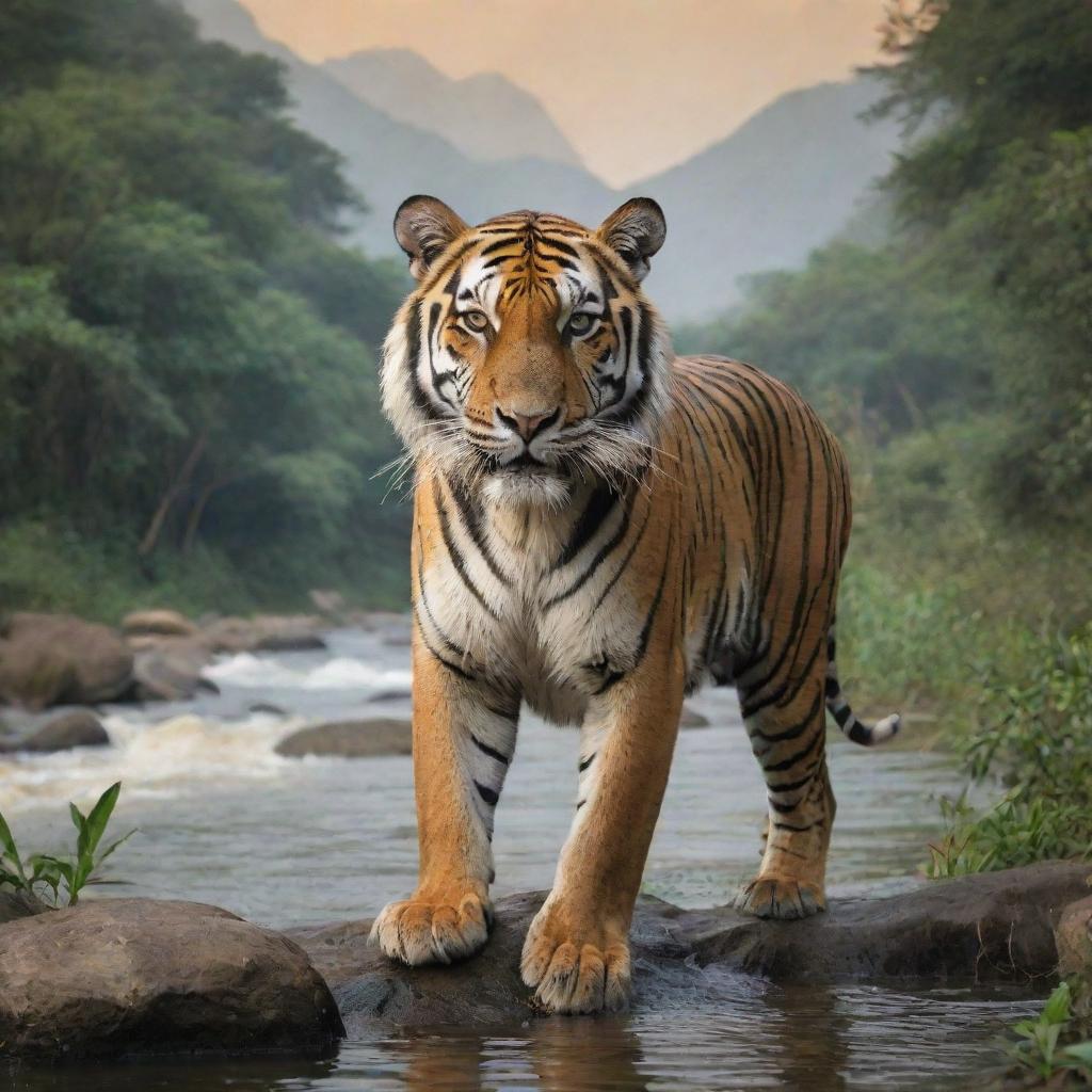 India personified as a majestic Bengal tiger, the national animal, surrounded by diverse elements of Indian landscape including the Himalayas, dense jungles, and River Ganges.