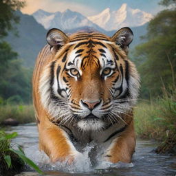 India personified as a majestic Bengal tiger, the national animal, surrounded by diverse elements of Indian landscape including the Himalayas, dense jungles, and River Ganges.