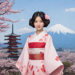 Anime character that embodies the culture, traditions, and significant landmarks of Japan, with elements of Mt. Fuji, cherry blossoms, and traditional clothing.