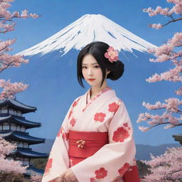 Anime character that embodies the culture, traditions, and significant landmarks of Japan, with elements of Mt. Fuji, cherry blossoms, and traditional clothing.