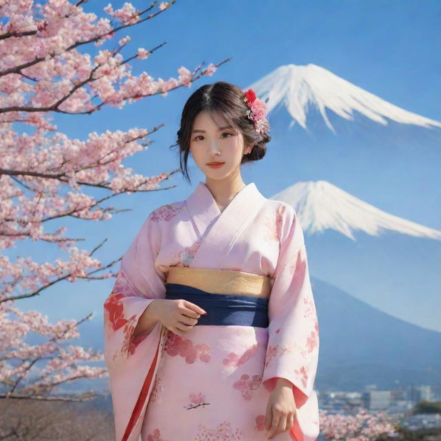 Anime character that embodies the culture, traditions, and significant landmarks of Japan, with elements of Mt. Fuji, cherry blossoms, and traditional clothing.