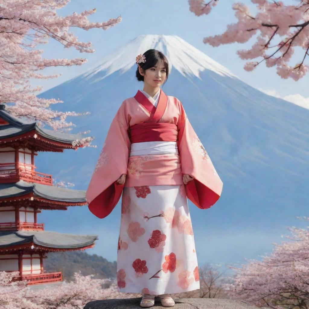 Anime character that embodies the culture, traditions, and significant landmarks of Japan, with elements of Mt. Fuji, cherry blossoms, and traditional clothing.