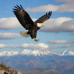 America personified as a proud bald eagle, the national bird, soaring over diverse landscapes including mountains, skyscrapers, and coastline.