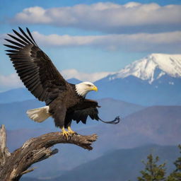 America personified as a proud bald eagle, the national bird, soaring over diverse landscapes including mountains, skyscrapers, and coastline.