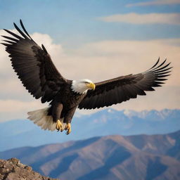 America personified as a proud bald eagle, the national bird, soaring over diverse landscapes including mountains, skyscrapers, and coastline.