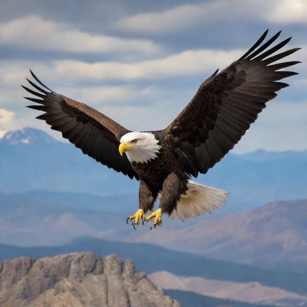 America personified as a proud bald eagle, the national bird, soaring over diverse landscapes including mountains, skyscrapers, and coastline.