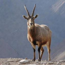 Pakistan personified as a majestic Markhor, the national animal, standing tall amidst the Karakoram mountain range and rugged northern landscapes.