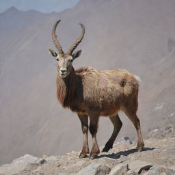 Pakistan personified as a majestic Markhor, the national animal, standing tall amidst the Karakoram mountain range and rugged northern landscapes.