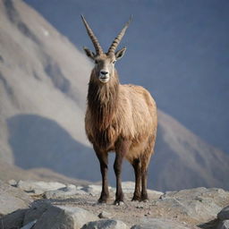 Pakistan personified as a majestic Markhor, the national animal, standing tall amidst the Karakoram mountain range and rugged northern landscapes.