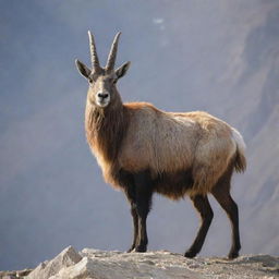 Pakistan personified as a majestic Markhor, the national animal, standing tall amidst the Karakoram mountain range and rugged northern landscapes.