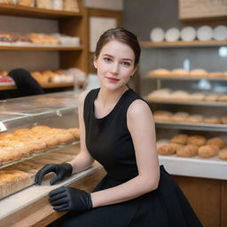 A chic girl wearing a sleeveless black dress paired with black elbow-length gloves, seated inside a cozy bakery shop, attentively observing the baker from a distance