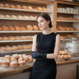 A chic girl wearing a sleeveless black dress paired with black elbow-length gloves, seated inside a cozy bakery shop, attentively observing the baker from a distance