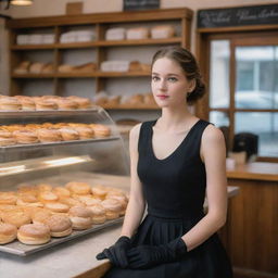 A chic girl wearing a sleeveless black dress paired with black elbow-length gloves, seated inside a cozy bakery shop, attentively observing the baker from a distance