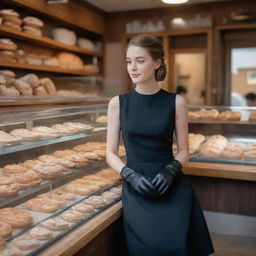 A chic girl wearing a sleeveless black dress paired with black elbow-length gloves, seated inside a cozy bakery shop, attentively observing the baker from a distance