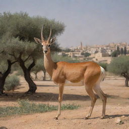 Palestine personified as a graceful Mountain Gazelle, a native species, set against a rustic landscape of olive trees and historical architecture.