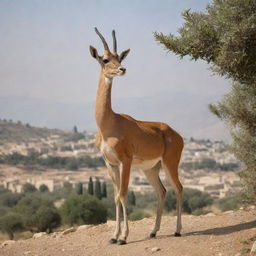 Palestine personified as a graceful Mountain Gazelle, a native species, set against a rustic landscape of olive trees and historical architecture.