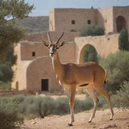 Palestine personified as a graceful Mountain Gazelle, a native species, set against a rustic landscape of olive trees and historical architecture.