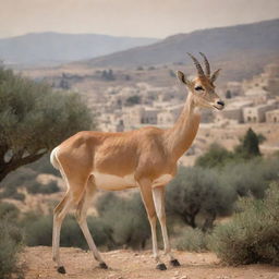 Palestine personified as a graceful Mountain Gazelle, a native species, set against a rustic landscape of olive trees and historical architecture.