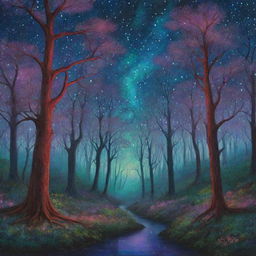 A fantastical forest under a starlit sky with twinkling constellations. The trees are painted in myriad of colors: crimson, emerald, lilac, cerulean. Bioluminescent fauna busily engages in nocturnal activities.