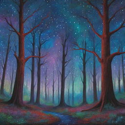 A fantastical forest under a starlit sky with twinkling constellations. The trees are painted in myriad of colors: crimson, emerald, lilac, cerulean. Bioluminescent fauna busily engages in nocturnal activities.