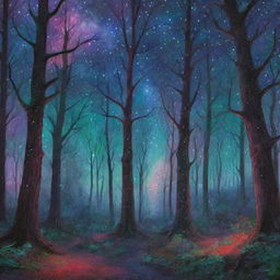 A fantastical forest under a starlit sky with twinkling constellations. The trees are painted in myriad of colors: crimson, emerald, lilac, cerulean. Bioluminescent fauna busily engages in nocturnal activities.