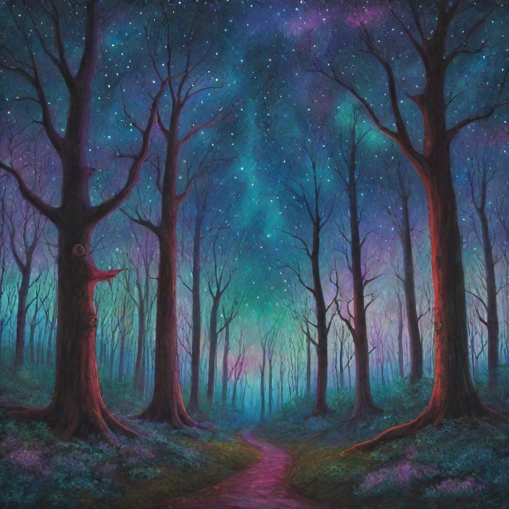 A fantastical forest under a starlit sky with twinkling constellations. The trees are painted in myriad of colors: crimson, emerald, lilac, cerulean. Bioluminescent fauna busily engages in nocturnal activities.