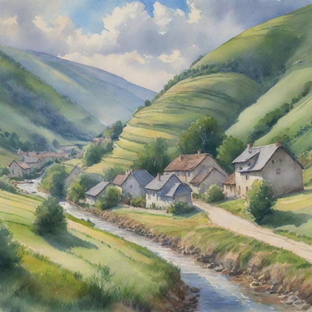 A realistic watercolor of a quiet village nestled in a lush green valley with a narrow stream running through, the houses made of cobblestone, under a cloudy gray-blue sky, rays of sunlight piercing through the clouds