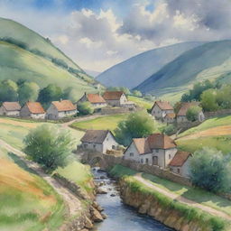 A realistic watercolor of a quiet village nestled in a lush green valley with a narrow stream running through, the houses made of cobblestone, under a cloudy gray-blue sky, rays of sunlight piercing through the clouds