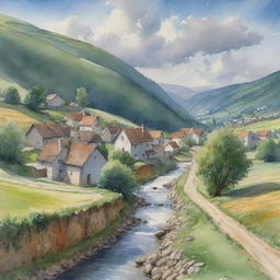 A realistic watercolor of a quiet village nestled in a lush green valley with a narrow stream running through, the houses made of cobblestone, under a cloudy gray-blue sky, rays of sunlight piercing through the clouds