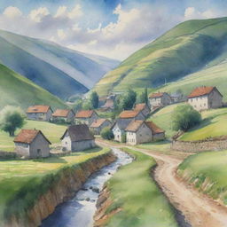 A realistic watercolor of a quiet village nestled in a lush green valley with a narrow stream running through, the houses made of cobblestone, under a cloudy gray-blue sky, rays of sunlight piercing through the clouds