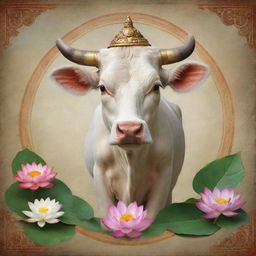 Hinduism personified as a sacred cow, a significant animal in the religion, surrounded by tranquil elements like temples, lotus blossoms, and the symbol on Aum.