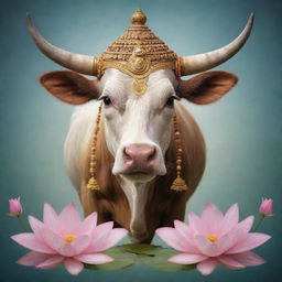 Hinduism personified as a sacred cow, a significant animal in the religion, surrounded by tranquil elements like temples, lotus blossoms, and the symbol on Aum.