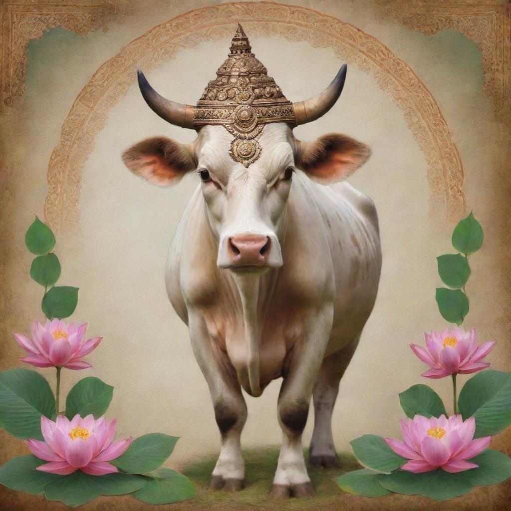 Hinduism personified as a sacred cow, a significant animal in the religion, surrounded by tranquil elements like temples, lotus blossoms, and the symbol on Aum.