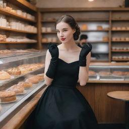 A stylish girl in a sleeveless black dress and elbow-length black gloves sitting in a quaint bakery shop, locked in a gaze with the baker who also observes her from afar